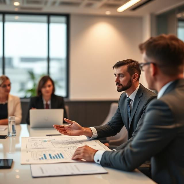 Business professionals in a modern conference room discussing software strategy and business value during an enterprise SaaS sales meeting.