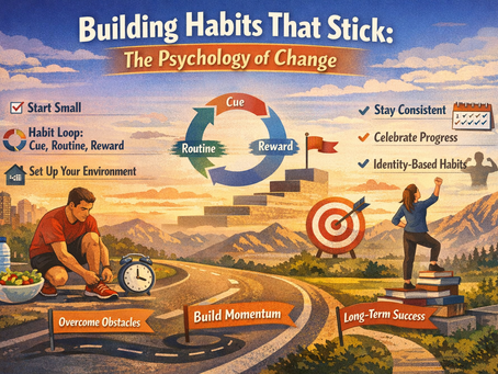 A landscape infographic showing a journey of habit formation, featuring people exercising and achieving goals, with visual elements like a habit loop (cue, routine, reward), checklist, and milestones representing consistency, progress, and long-term success