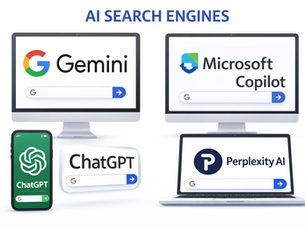 Digital infographic showing AI search engines including Google Gemini, Microsoft Copilot, ChatGPT, and Perplexity AI displayed on desktop monitors, laptop, and smartphone screens with search bars, representing modern AI-powered search platforms.