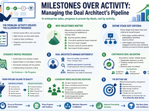 Minimal, soft-toned landscape infographic titled “Milestones Over Activity: Managing the Deal Architect’s Pipeline.” The design uses a clean grid layout with simple icons and short text blocks. Sections highlight: activity vs progress, why activity creates noise, definition of milestones, stage-based criteria, importance of evidence, deal architect behaviors, continuous validation, pipeline quality over volume, and leadership discipline. Visual elements include checkmarks, timelines, charts, and document icons. A bottom strip emphasizes the key message: “Progress is proven, not asserted.”