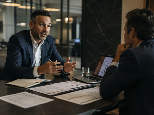 Senior enterprise sales professional discussing a complex business opportunity with a client across a table with reports, notes, and a laptop.