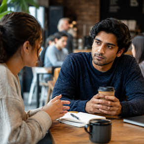 Two people engaged in a natural conversation in a café setting, with one attentively observing subtle body language and facial expressions to better understand unspoken emotions.