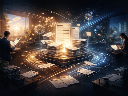 Moody, cinematic illustration of a deal desk running continuously from day to night, with a glowing central document hub automatically processing stacks of contracts and legal papers as light-based AI mechanisms scan and route documents, while a few calm human reviewers work quietly at the edges under shifting daylight and night skies.