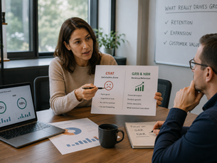 Customer Success professional explaining why Gross Revenue Retention (GRR) and Net Revenue Retention (NRR) provide more meaningful business insights than Customer Satisfaction (CSAT) during a team meeting.