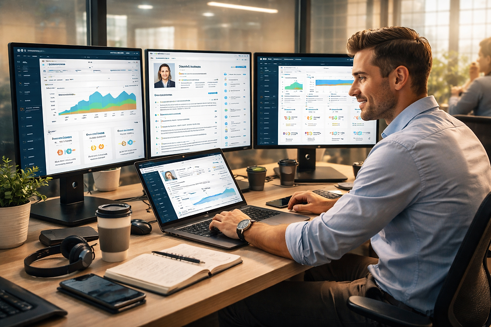 Realistic landscape image of a focused sales professional working at a modern desk with multiple monitors displaying prospect research, CRM data, and analytics dashboards, representing an “Apex Hunter” using data-driven insights and multi-channel outreach to build a high-quality sales pipeline in 2026. 📊💻🎯