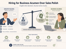 Soft, minimal landscape illustration of a hiring discussion in a calm office setting, showing two professionals reviewing a candidate, with visual cues like charts, financial icons, and thought bubbles emphasizing business impact and analytical thinking over presentation skills.