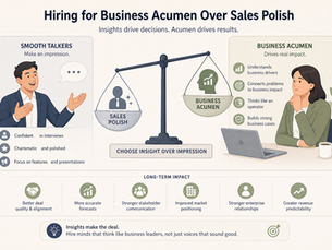 Soft, minimal landscape illustration of a hiring discussion in a calm office setting, showing two professionals reviewing a candidate, with visual cues like charts, financial icons, and thought bubbles emphasizing business impact and analytical thinking over presentation skills.