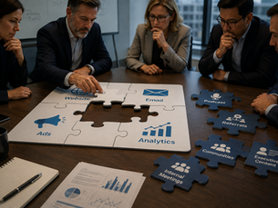 Executives collaborate around a conference table to complete a jigsaw puzzle representing B2B marketing attribution, with completed pieces labeled Website, Email, Ads, and Analytics while missing pieces such as Podcasts, Referrals, Communities, Executive Content, and Internal Meetings symbolize the hidden buyer interactions that traditional marketing software fails to measure.