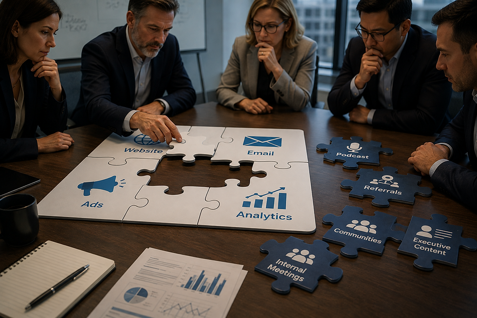 Executives collaborate around a conference table to complete a jigsaw puzzle representing B2B marketing attribution, with completed pieces labeled Website, Email, Ads, and Analytics while missing pieces such as Podcasts, Referrals, Communities, Executive Content, and Internal Meetings symbolize the hidden buyer interactions that traditional marketing software fails to measure.