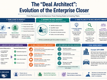 Soft, minimalist landscape infographic illustrating the evolution from traditional enterprise closer to “Deal Architect,” using simple icons, pastel colors, and clean sections to highlight strategic thinking, structured discovery, stakeholder alignment, and key differences between closing deals and building them.