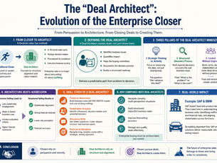 Soft, minimalist landscape infographic illustrating the evolution from traditional enterprise closer to “Deal Architect,” using simple icons, pastel colors, and clean sections to highlight strategic thinking, structured discovery, stakeholder alignment, and key differences between closing deals and building them.