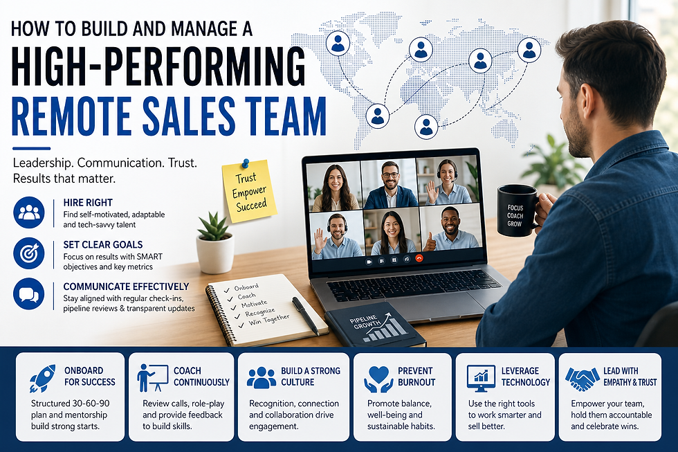 High-performing remote sales team infographic showing a professional working at a laptop during a video call with team members, connected across a global map. The design highlights key strategies like hiring self-motivated talent, setting clear goals, effective communication, structured onboarding, continuous coaching, strong team culture, burnout prevention, leveraging technology, and leading with trust and empathy in a modern remote workspace.