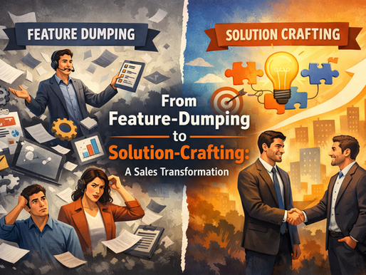 Illustration showing the shift from feature dumping to solution crafting in sales, contrasting a confused sales approach with a collaborative, solution-focused customer conversation.