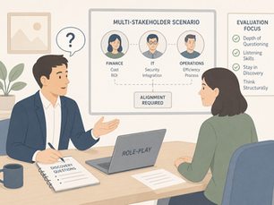 Minimal, soft-toned illustration of a sales role-play interview showing two professionals in a calm office setting, with one asking questions and the other listening, while a board behind them highlights a multi-stakeholder scenario and evaluation criteria like questioning depth, listening, and structured thinking.