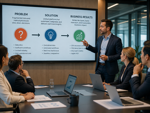 SaaS presenter guiding enterprise stakeholders through a business roadmap showing problem, solution, and business results during a strategic software demo presentation.