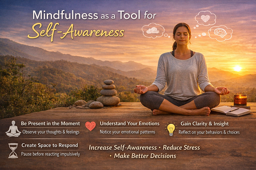 A landscape image of a woman meditating on a wooden platform at sunset with mountains in the background, accompanied by icons and text highlighting mindfulness practices like being present, understanding emotions, and improving self-awareness.