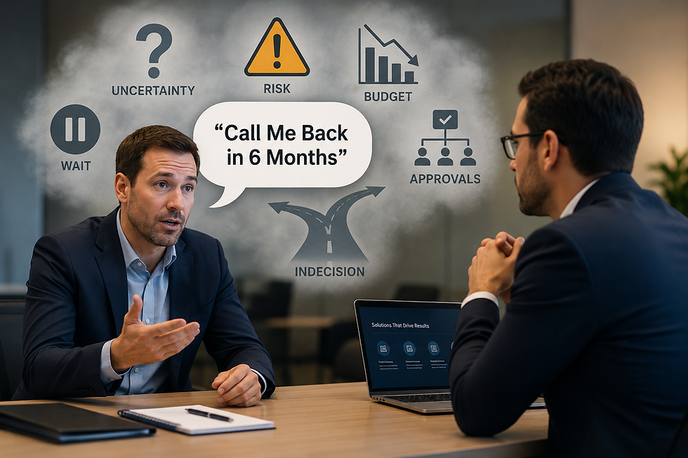 Buyer saying "Call Me Back in 6 Months" during a sales conversation while hidden concerns like uncertainty, risk, budget approval, and indecision appear behind the timing objection.