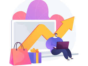 Illustration of a person working on a laptop with shopping bags and a gift box nearby, sitting in front of a screen displaying a rising arrow graph symbolizing prospect success in online business or e-commerce.