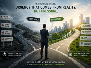 Business decision-maker comparing the cost of delaying action versus moving forward, illustrating organic urgency in sales and buyer decision-making.