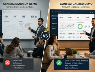 Enterprise SaaS sales engineer presenting a contextualized product walkthrough tailored to a client business environment compared to a generic software demo.