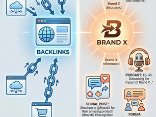 Infographic comparing traditional backlinks and brand mentions, showing how backlinks create direct links between websites while brand mentions across news, blogs, podcasts, social media, and forums help build brand recognition and entity authority across the web.