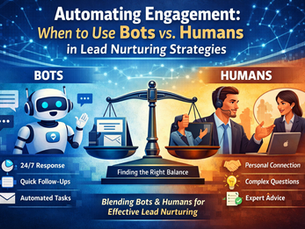 Infographic comparing bots and humans in lead nurturing strategies. On the left, a friendly chatbot interacts with leads through chat bubbles and emails, labeled 'BOTS' with benefits like 24/7 response, quick follow-ups, and automated tasks. On the right, a human sales representative engages warmly with a client, labeled 'HUMANS' with benefits like personal connection, handling complex questions, and providing expert advice. A central scale represents finding the right balance between automation and human touch, with the tagline 'Blending Bots & Humans for Effective Lead Nurturing.'"