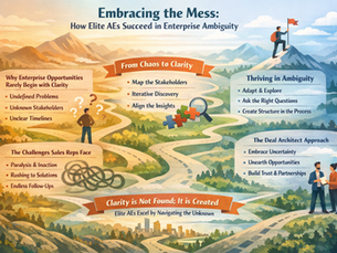Soft, landscape infographic illustrating a winding journey from chaos to clarity in enterprise sales, with mountains, pathways, and a city skyline. Sections highlight challenges like undefined problems and unclear stakeholders, alongside strategies such as stakeholder mapping, iterative discovery, and creating structure. Visual elements include question marks, puzzle pieces, and professionals collaborating, reinforcing the theme that elite AEs succeed by embracing ambiguity and creating clarity.