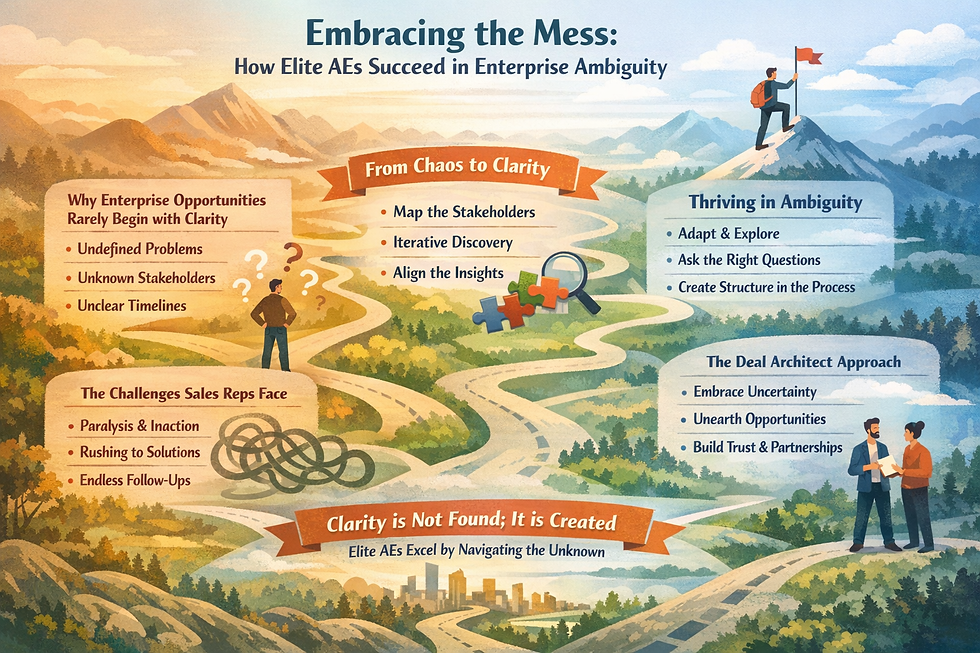 Soft, landscape infographic illustrating a winding journey from chaos to clarity in enterprise sales, with mountains, pathways, and a city skyline. Sections highlight challenges like undefined problems and unclear stakeholders, alongside strategies such as stakeholder mapping, iterative discovery, and creating structure. Visual elements include question marks, puzzle pieces, and professionals collaborating, reinforcing the theme that elite AEs succeed by embracing ambiguity and creating clarity.