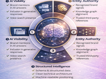 Executive-level infographic titled “Generative Engine Optimization (GEO) 101” outlining the five core pillars of AI-driven visibility, including AI visibility, entity authority, structured intelligence, topical depth, and cross-functional alignment, and how GEO impacts marketing, sales, brand, and revenue strategy.