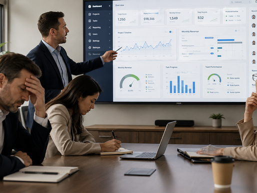 Executive team appearing disengaged during a crowded software demo presentation in a modern office meeting room.