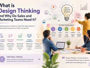 A wide, soft-toned infographic illustrating “What is Design Thinking and Why Do Sales and Marketing Teams Need It?” The left side shows the title and key benefits like better customer understanding, improved campaigns, stronger collaboration, and continuous innovation. The center highlights the design thinking process steps—empathize, define, ideate, prototype, and test—represented with icons and arrows. The right side shows a collaborative workspace with a team brainstorming around a board featuring a lightbulb labeled “Human-Centered Solutions,” sticky notes, charts, and laptops, symbolizing creative teamwork and customer-focused problem solving in sales and marketing.