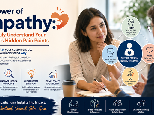 Landscape business infographic showing two professionals in a meeting, symbolizing customer empathy and understanding hidden pain points. Icons represent thinking, feeling, saying, and doing, with text highlighting how empathy helps businesses build trust, improve products, increase engagement, and drive growth.