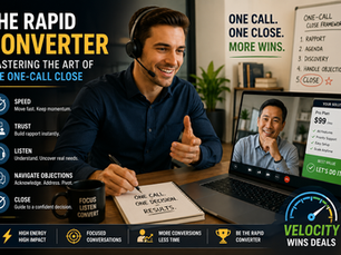 Professional sales representative confidently conducting a one-call sales close with a small business client on a video call, illustrating rapid conversion, objection handling, and high-velocity SMB sales