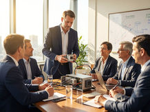 Technology consultant demonstrating a frontier tech prototype to business executives in a meeting