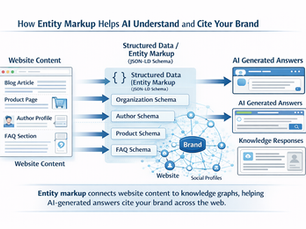 Infographic showing how entity markup and schema structured data connect website content to knowledge graphs and AI generated answers