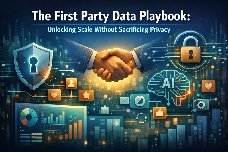 Hero illustration for ‘The First Party Data Playbook’ showing two business professionals shaking hands at the center, symbolizing trust and consent-driven data exchange. Surrounding visuals include privacy shields, a padlock, AI brain icon, analytics dashboards, and customer data symbols, representing secure first-party data, AI-driven insights, and scalable marketing without compromising privacy.
