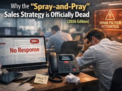 Realistic landscape image showing a frustrated sales professional at a desk surrounded by ignored emails and declining charts on a laptop screen, while a modern dashboard with targeted leads and personalized outreach strategy appears on another screen, symbolizing the shift from spray-and-pray sales to precision prospecting in 2026. 📉📧🎯