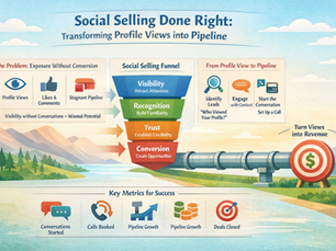 Soft, landscape infographic titled “Social Selling Done Right: Transforming Profile Views into Pipeline,” featuring a calm pastel background with mountains and a flowing pipeline leading to a target icon. The design illustrates a four-step social selling funnel—visibility, recognition, trust, and conversion—alongside sections on turning profile views into leads and key success metrics like conversations started, calls booked, pipeline growth, and deals closed.