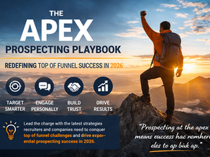 A header showinga determined climber standing on a mountain peak at sunrise, symbolizing succcess and growth. Bold text reads "The apex prospecting palybook:Redefining top of funnel success in 2026" alongside icons representing targeting, engangement, trust-building, and results within a modern, motivational sales team.