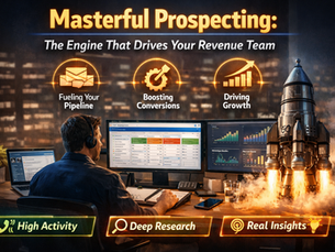 A sales professional sits at a desk with multiple monitors displaying dashboards and analytics. A rocket is launching from the desk, symbolizing rapid growth. Above, text reads "Masterful Prospecting: The Engine That Drives Your Revenue Team," with icons highlighting "Fueling Your Pipeline," "Boosting Conversions," and "Driving Growth." Below, banners emphasize "High Activity," "Deep Research," and "Real Insights."