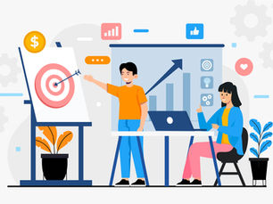 Illustration of modern sales prospecting strategy with a man presenting a bullseye target on a board and a woman analyzing sales growth on a laptop, surrounded by icons for data, engagement, and customer insights.
