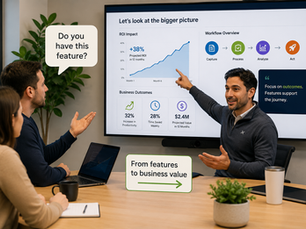 Salesperson redirecting a feature-focused question toward business outcomes during a SaaS sales demo