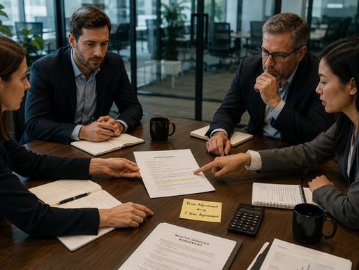 Business professionals engaged in a B2B negotiation across a conference table, reviewing a revised proposal that highlights a strategic value exchange where a price adjustment is traded for a three-year agreement.