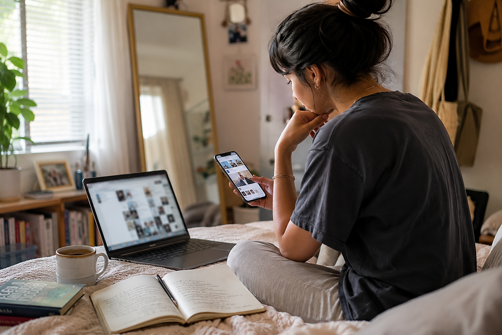 A documentary-style image of a young adult sitting in a softly lit, cozy bedroom while scrolling social media on a phone and laptop, pausing thoughtfully. A journal with handwritten notes lies open nearby, and a mirror is visible in the background. The scene emphasizes calm reflection, media consumption awareness, and everyday realism without distress or exaggerated emotion.