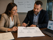 Customer Success Manager and client executive reviewing a quarterly business review focused on business outcomes, revenue impact, efficiency gains, ROI, and next business goals in a modern conference room.