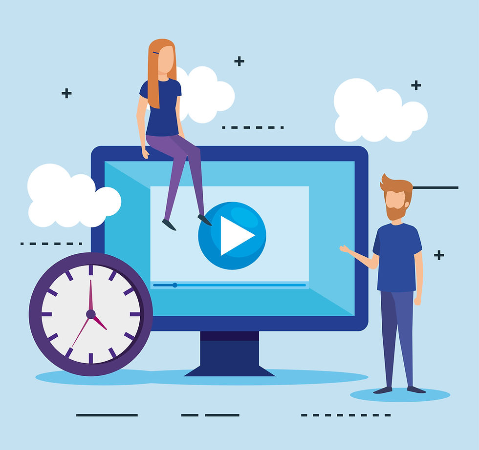 Illustration of a man and woman interacting with a large computer screen displaying a video play button, symbolizing video messaging. A clock is shown in the foreground, representing time sensitivity. The background includes clouds and decorative lines, suggesting digital communication in a modern, connected environment.