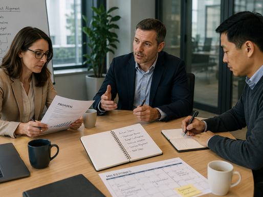 Salesperson conducting a collaborative B2B sales discussion with two buyer stakeholders reviewing a proposal, taking notes, and discussing next steps around a conference table with project milestones and action items.
