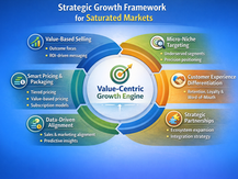 Infographic titled "Strategic Growth Framework for Saturated Markets" showing a circular value-centric growth engine surrounded by six pillars: value-based selling, micro-niche targeting, customer experience differentiation, strategic partnerships, data-driven sales and marketing alignment, and smart pricing and packaging strategies.