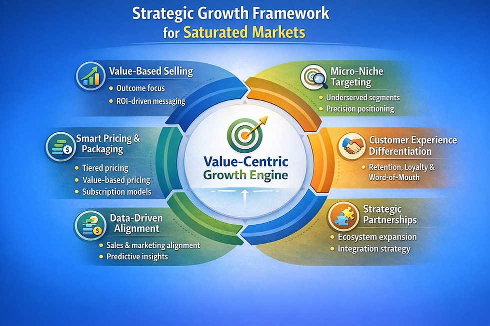 Infographic titled "Strategic Growth Framework for Saturated Markets" showing a circular value-centric growth engine surrounded by six pillars: value-based selling, micro-niche targeting, customer experience differentiation, strategic partnerships, data-driven sales and marketing alignment, and smart pricing and packaging strategies.