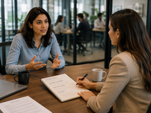Recruiter conducting a behavioral interview with a Customer Success Manager candidate to assess empathy, active listening, and strategic thinking in a modern office.